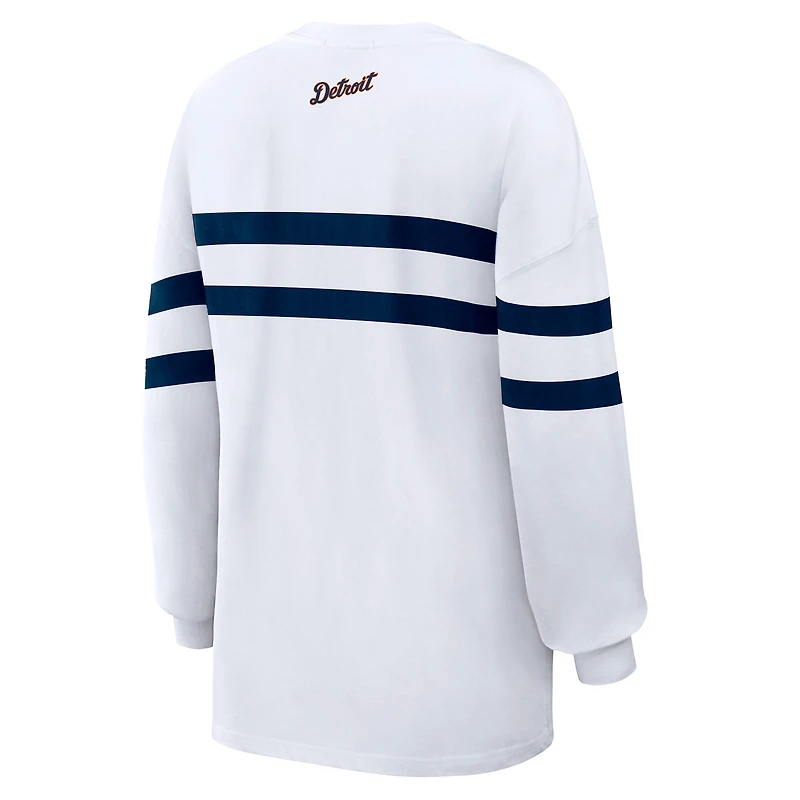 Women's WEAR by Erin Andrews White Detroit Tigers Oversized Long Sleeve Striped T-Shirt