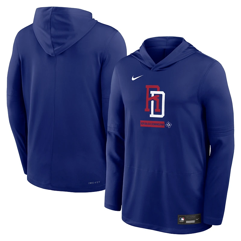 T-shirt à capuche manches longues Nike Royal Dominican Republic Baseball 2026 World Classic Authentic Collection Dri-FIT pour homme