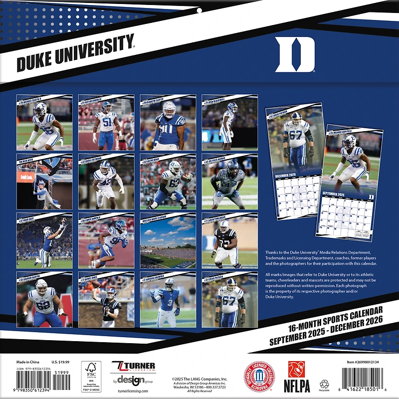 Calendrier mural 2026 des Blue Devils de Duke (12 po x 12 po)
