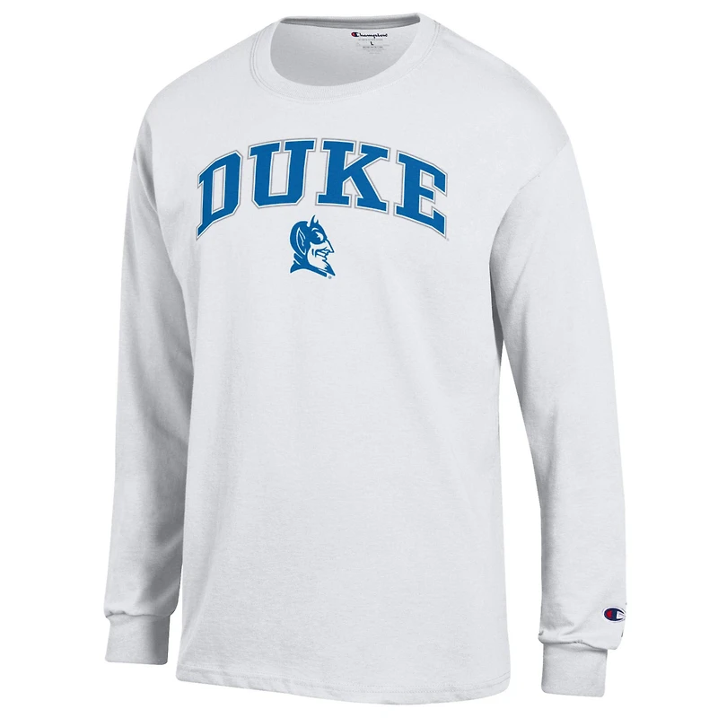 Men's Champion  White Duke Blue Devils Arch Over Logo Long Sleeve T-Shirt