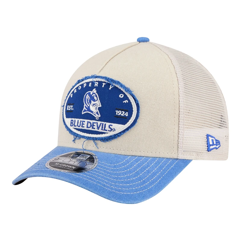 Men's New Era  Stone/Royal Duke Blue Devils Frayed Patch 9FORTY M-Crown A-Frame Trucker Adjustable Hat