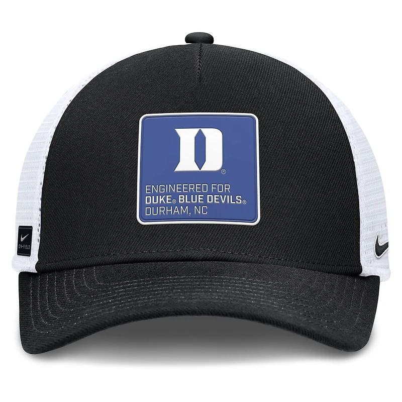 Casquette ajustable Nike Duke Blue Devils 2025 On-Field Rise Engineered Trucker pour homme, noire/blanche