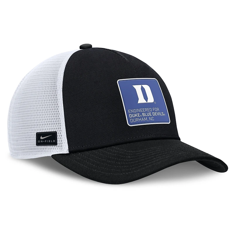Casquette ajustable Nike Duke Blue Devils 2025 On-Field Rise Engineered Trucker pour homme, noire/blanche