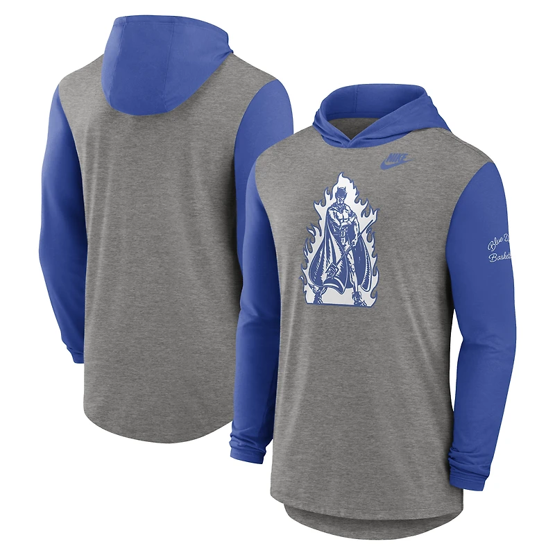 Men's Nike Heather Gray/Royal Duke Blue Devils Campus Legacy Tri-Blend Long Sleeve Hooded T-Shirt