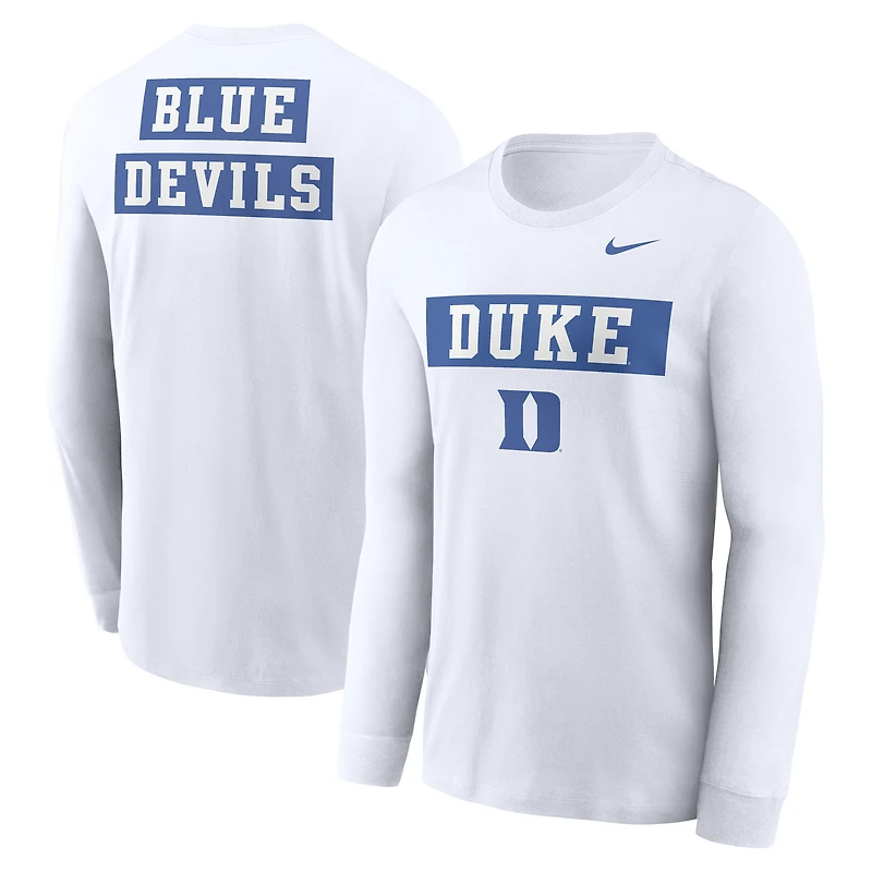 T-shirt à manches longues Nike Duke Blue Devils pour homme, blanc, motif classique Two-Hit Location
