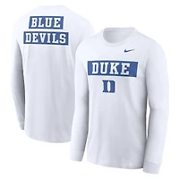 T-shirt à manches longues Nike Duke Blue Devils pour homme, blanc, motif classique Two-Hit Location