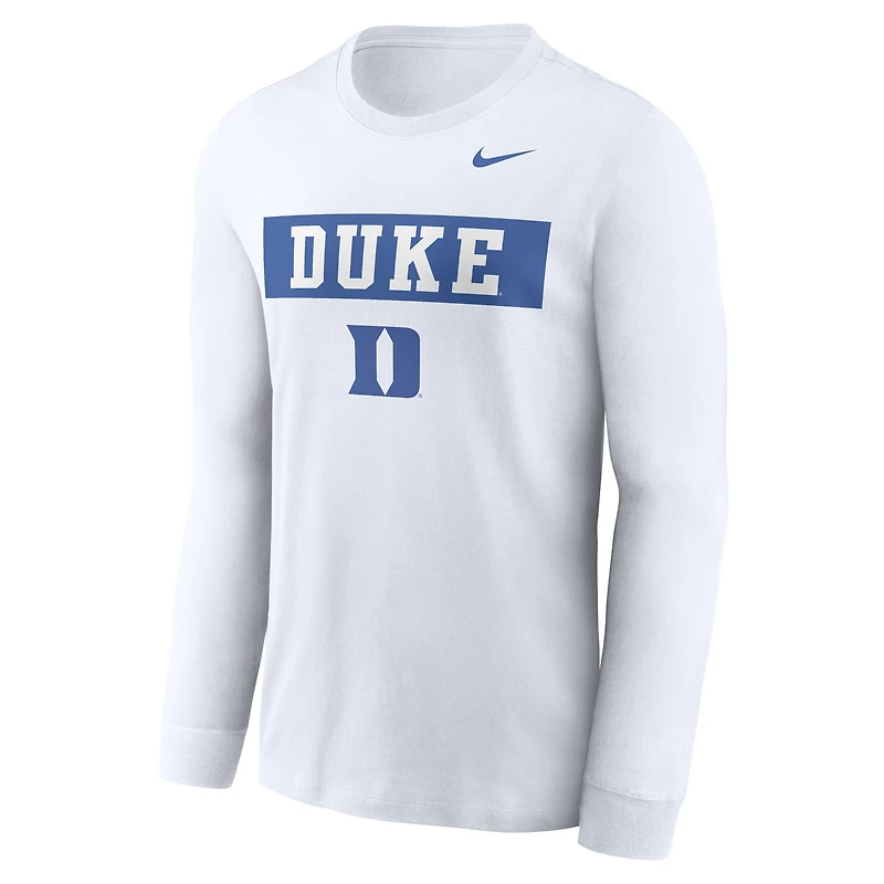 T-shirt à manches longues Nike Duke Blue Devils pour homme, blanc, motif classique Two-Hit Location