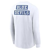 T-shirt à manches longues Nike Duke Blue Devils pour homme, blanc, motif classique Two-Hit Location