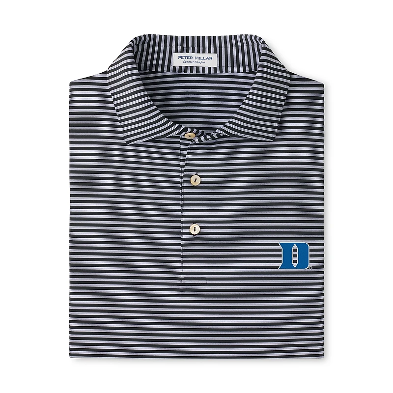 Men's Peter Millar Black Duke Blue Devils Tiebreaker Performance Jersey Stripe Polo