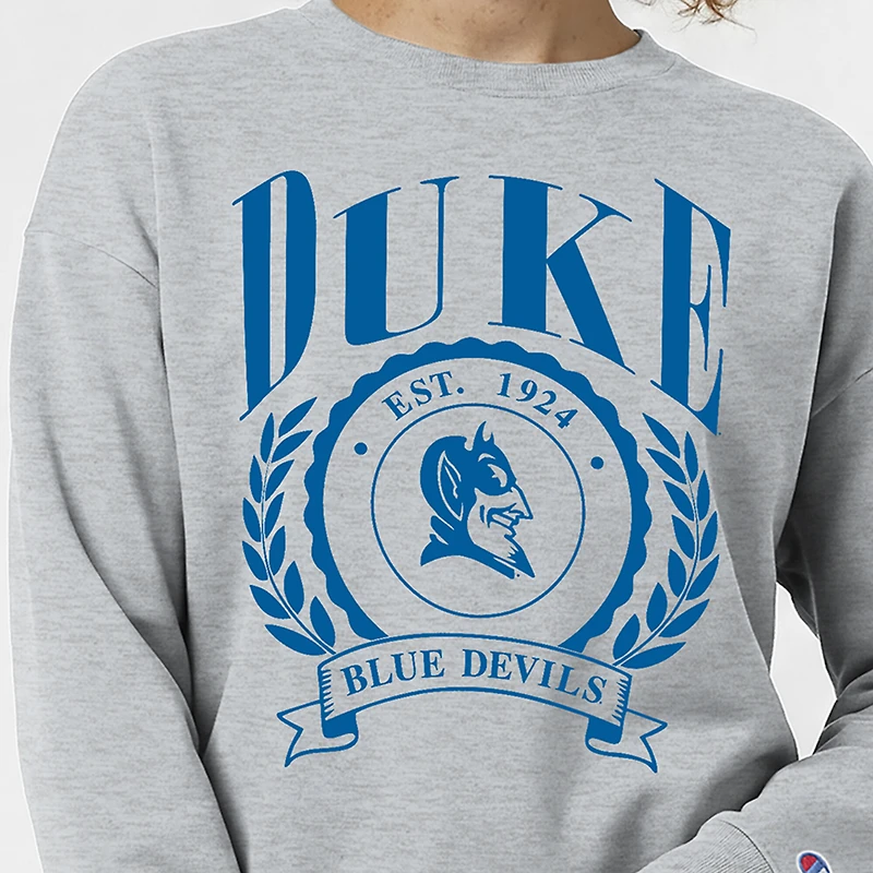 Women's Champion  Heather Gray Duke Blue Devils Academic Crest Powerblend Crewneck Sweatshirt