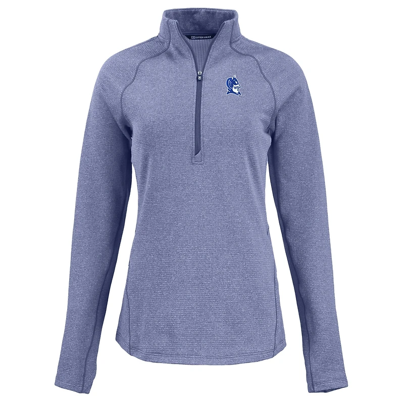 Women's Cutter & Buck Heather Blue Duke Devils Peshastin Eco Fleece Recycled Half-Zip Tri-Blend Jacket