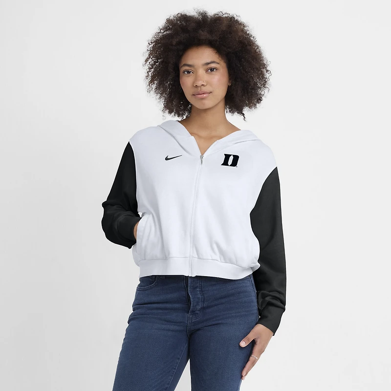Women's Nike White Duke Blue Devils Cropped Color-Block Script Full-Zip Hoodie