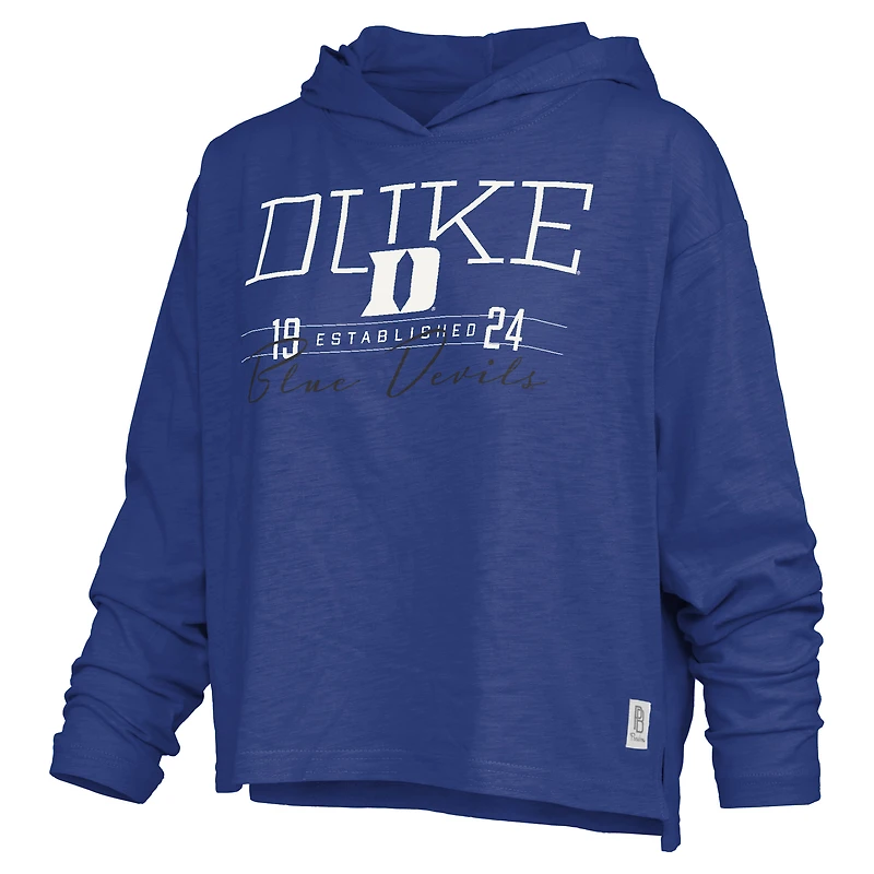T-shirt à capuche manches longues et ourlet flammé, coupe ajustée, motif Royal Duke Blue Devils Castillo, pour femme