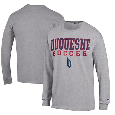 Men's Champion Heather Gray Duquesne Dukes Soccer Stacked Logo Long Sleeve T-Shirt