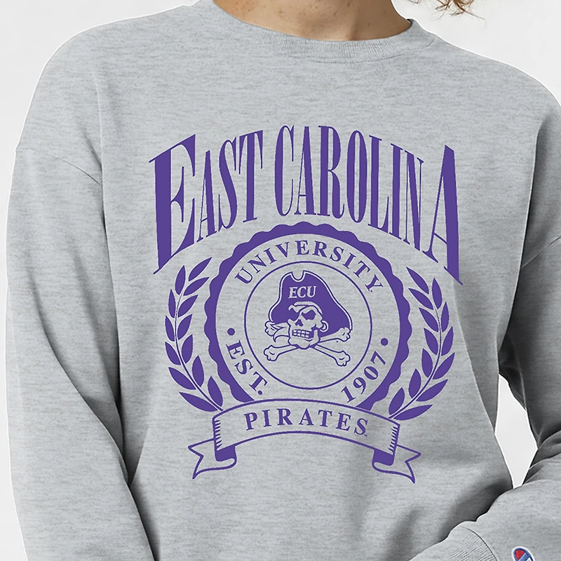 Women's Champion Heather Gray ECU Pirates Academic Crest Powerblend Crewneck Sweatshirt