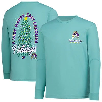 Youth  Light Green ECU Pirates Merry Christmas Tree Long Sleeve T-Shirt