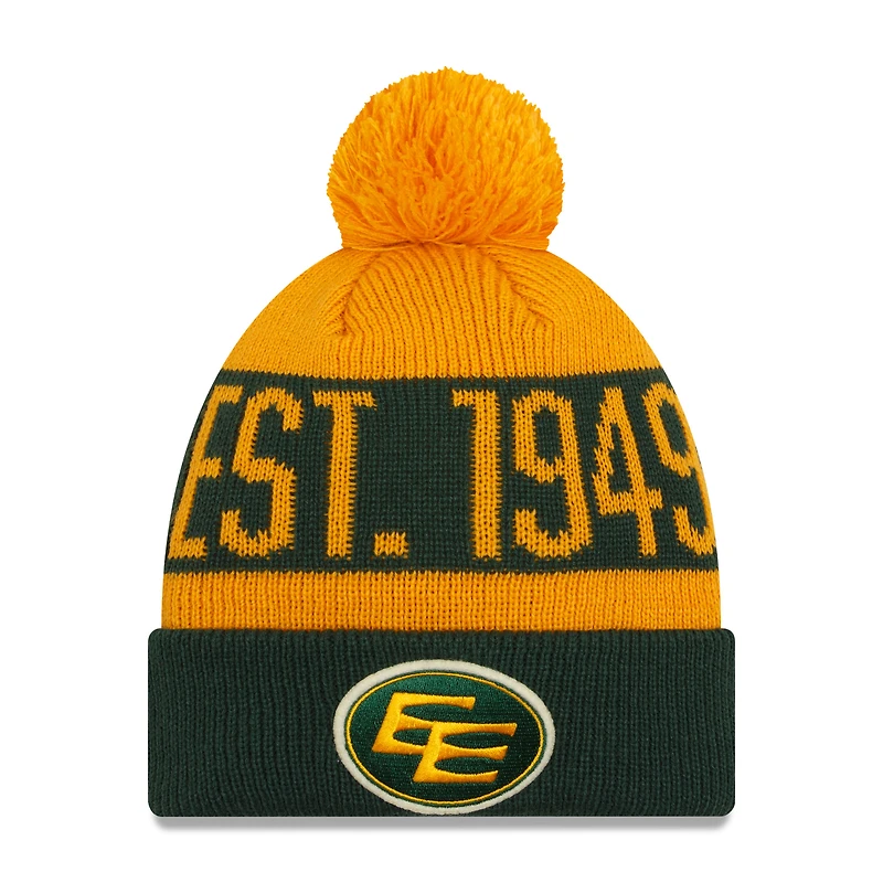 Bonnet en tricot à revers vert Edmonton Elks Turf Traditions New Era pour hommes avec pompon