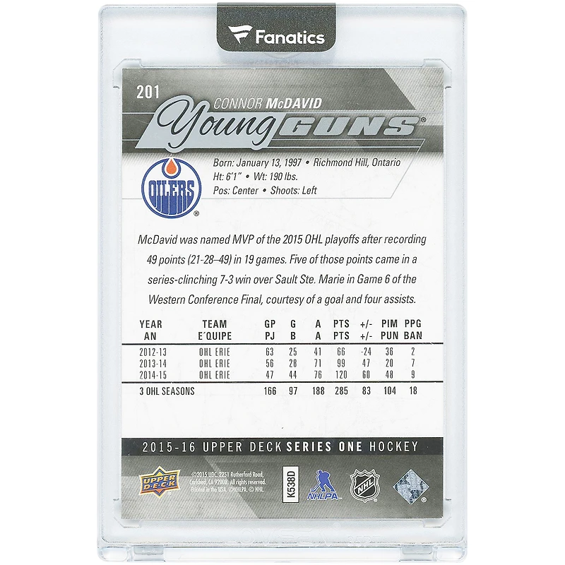 Carte de recrue Connor McDavid, Edmonton Oilers, 2015-2016, Upper Deck Series One Young Guns, n° 201