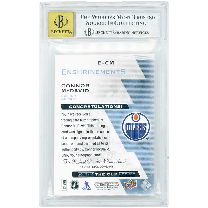 Connor McDavid Edmonton Oilers Autographed 2015-16 Upper Deck The Cup Enshrinements #E-CM #11/99 BGS Authenticated 7.5/10 Rookie Card