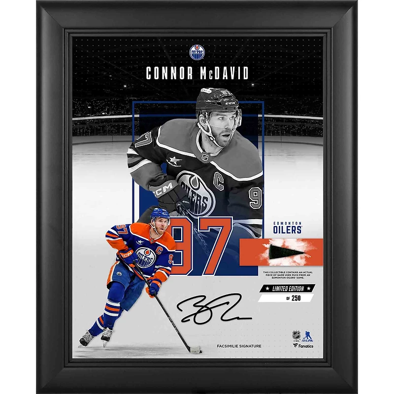 Collage encadré 11 po x 14 po avec la signature fac-similé de Connor McDavid (Oilers d'Edmonton) et un morceau de rondelle utilisée en match - Édition limitée à 250 exemplaires