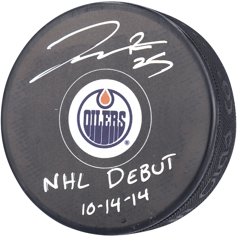 Rondelle de hockey autographiée par Darnell Nurse des Oilers d'Edmonton avec l'inscription « NHL DEBUT 10-14-14 »