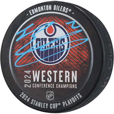 Evan Bouchard Rondelle de hockey dédicacée des champions de la Conférence Ouest des Oilers d'Edmonton 2024