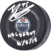 Rondelle de jeu officielle autographiée par Evan Bouchard des Oilers d'Edmonton, modèle 2019, avec l'inscription « NHL Debut 10/6/18 »