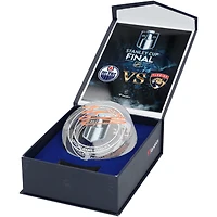 Evan Bouchard Edmonton Oilers Autographed 2025 Stanley Cup Final Match-Up Crystal Puck - Filled with Ice from the 2025 Stanley Cup Final 