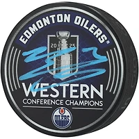 Rondelle de hockey autographiée par Evan Bouchard, champion de la Conférence Ouest 2025 des Oilers d'Edmonton
