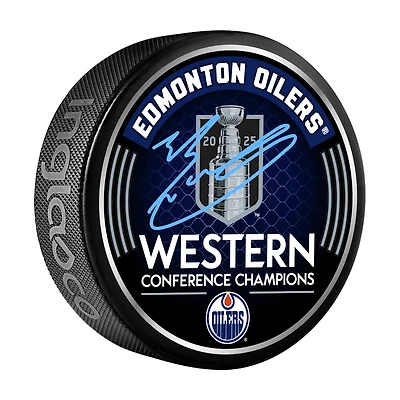 Rondelle de hockey autographiée par Evan Bouchard, champion de la Conférence Ouest 2025 des Oilers d'Edmonton