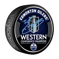Rondelle de hockey autographiée par Evan Bouchard, champion de la Conférence Ouest 2025 des Oilers d'Edmonton
