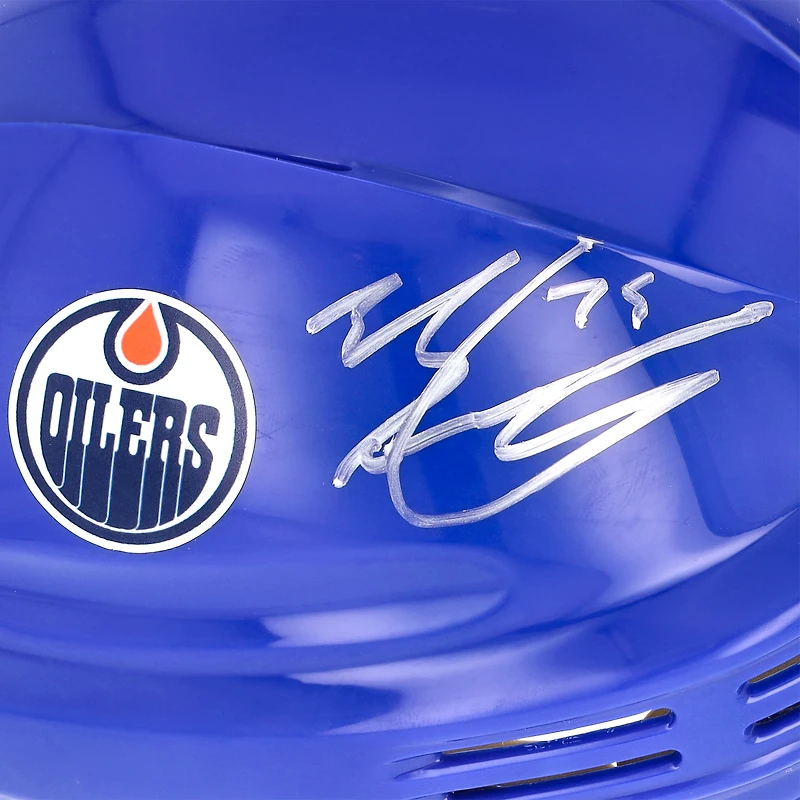 Casque miniature bleu autographié par Evan Bouchard des Oilers d'Edmonton