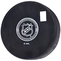 Rondelle de hockey autographiée par Evan Bouchard des Oilers d'Edmonton avec inscription « 100e match de la LNH, 26/04/2022 »