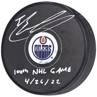Rondelle de hockey autographiée par Evan Bouchard des Oilers d'Edmonton avec l'inscription « 100th NHL Game 4/26/22 »