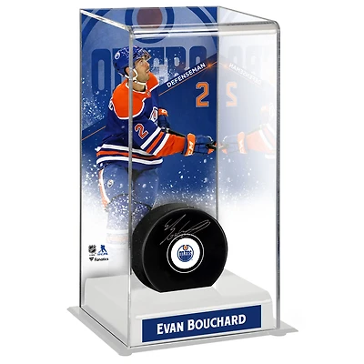 Rondelle autographiée par Evan Bouchard des Oilers d'Edmonton avec étui de luxe pour rondelle de hockey de grande taille