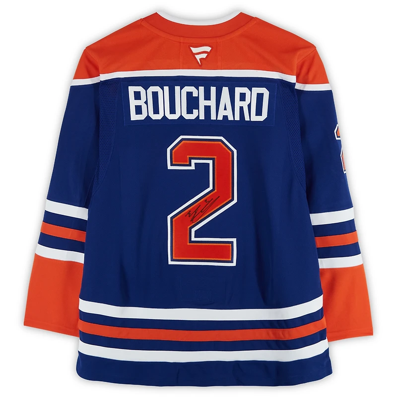Maillot premium Royal Fanatics autographié par Evan Bouchard des Oilers d'Edmonton