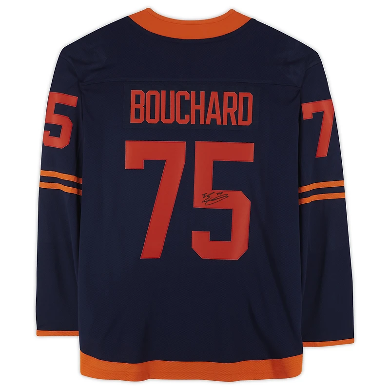 Maillot Breakaway autographié par Evan Bouchard, bleu marine, des Oilers d'Edmonton