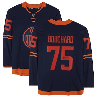 Maillot Breakaway autographié par Evan Bouchard, bleu marine, des Oilers d'Edmonton