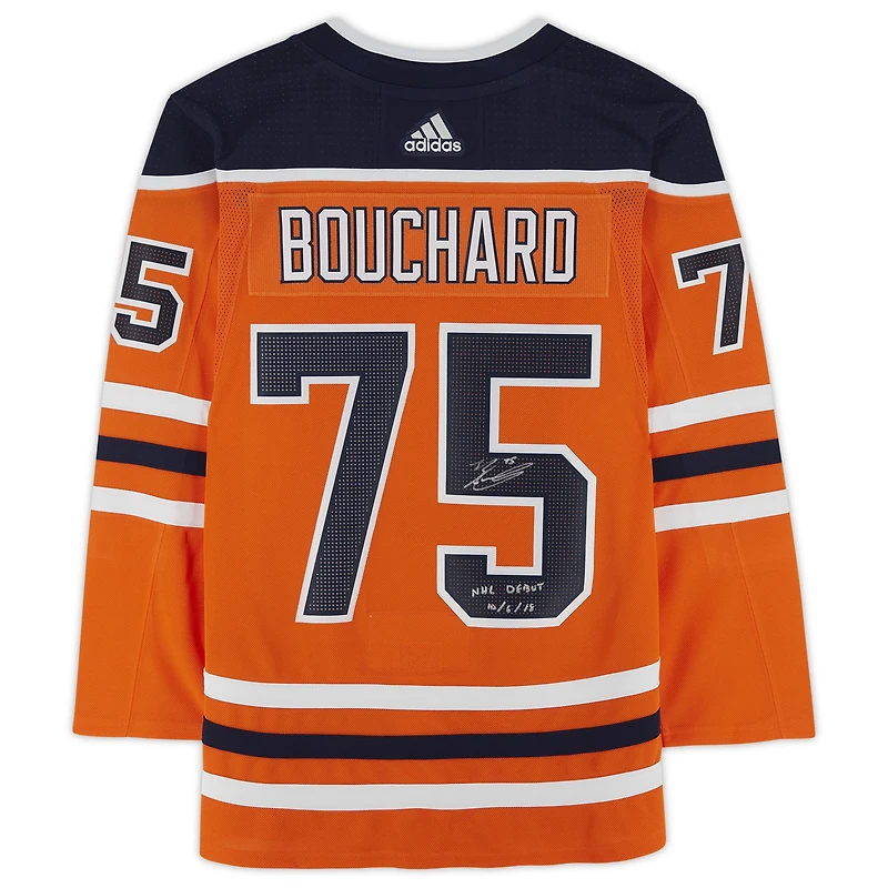 Maillot adidas authentique autographié par Evan Bouchard des Oilers d'Edmonton avec l'inscription « NHL Debut 10/6/18 »