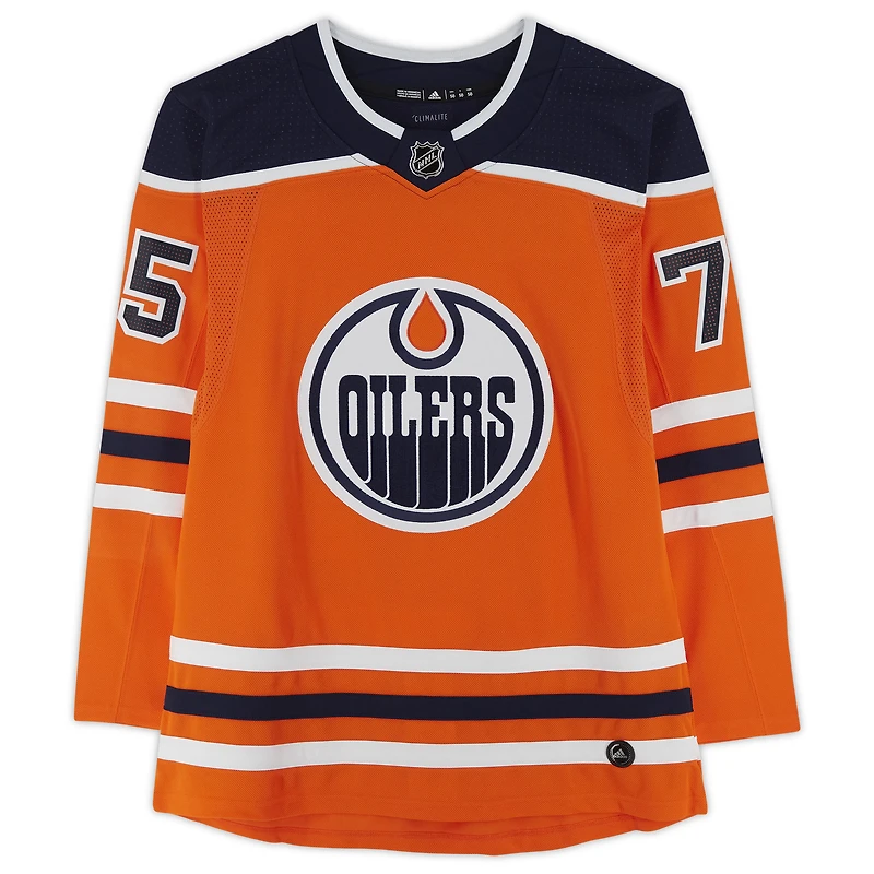 Maillot adidas authentique autographié par Evan Bouchard des Oilers d'Edmonton avec l'inscription « NHL Debut 10/6/18 »