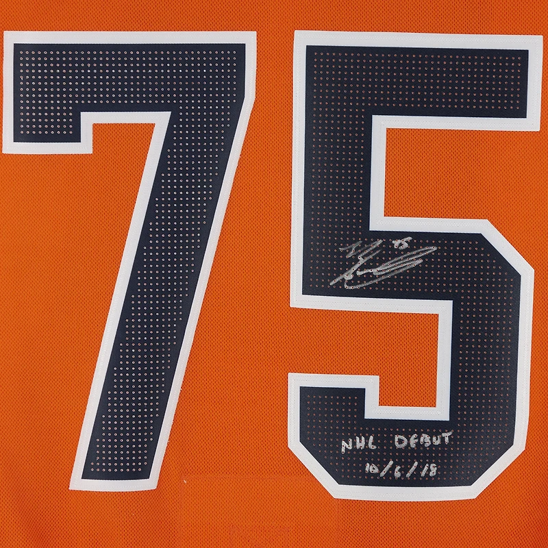 Maillot adidas authentique autographié par Evan Bouchard des Oilers d'Edmonton avec l'inscription « NHL Debut 10/6/18 »
