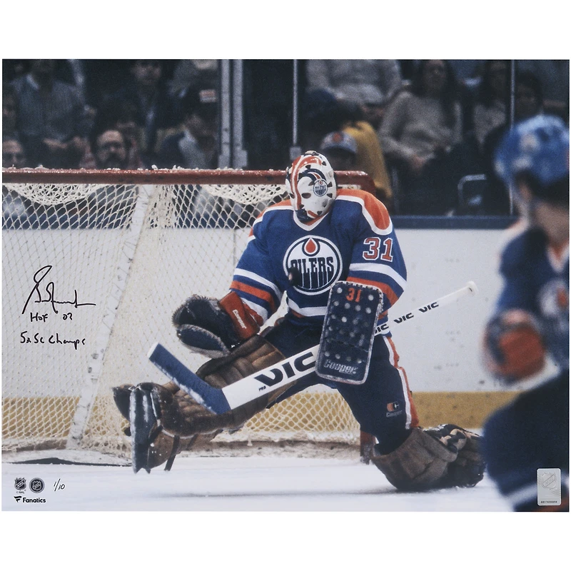 Grant Fuhr Edmonton Oilers Autographed 16" x 20" Royal Jersey Save Photograph with "HOF 03" & "5x SC Champs" Inscriptions