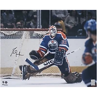 Grant Fuhr Edmonton Oilers Autographed 16" x 20" Royal Jersey Save Photograph