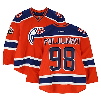 Jesse Puljujarvi Edmonton Oilers Practice-Used #98 Orange Reebok Jersey vs. Winnipeg Jets on October 23, 2016 - NHL Heritage Classic - Worn During Warm-Ups