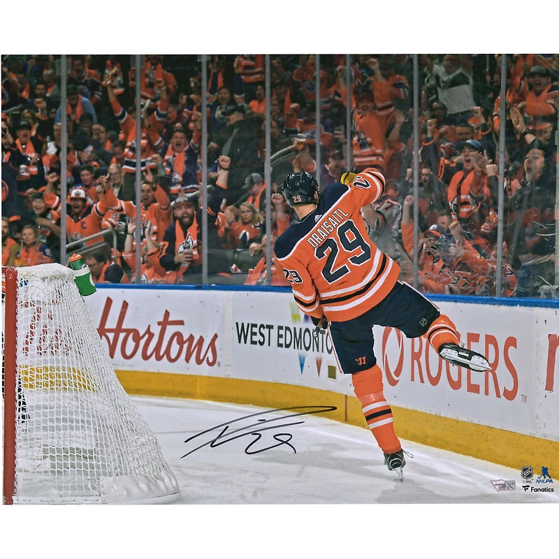 Leon Draisaitl Edmonton Oilers dédicacé 16" x 20" Photographie de célébration du but du maillot orange