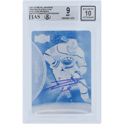 Leon Draisaitl Edmonton Oilers Autographed 2021-22 Upper Deck Metal Universe Cyan Printing Plate #140 #1/1 Beckett Fanatics Witnessed Authenticated 9/10 Card 