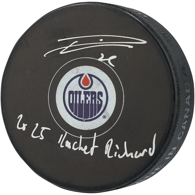 Rondelle de hockey autographiée par Leon Draisaitl des Oilers d'Edmonton avec inscription « Rocket Richard 2025 »