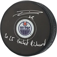 Rondelle de hockey autographiée par Leon Draisaitl des Oilers d'Edmonton avec inscription « Rocket Richard 2025 »