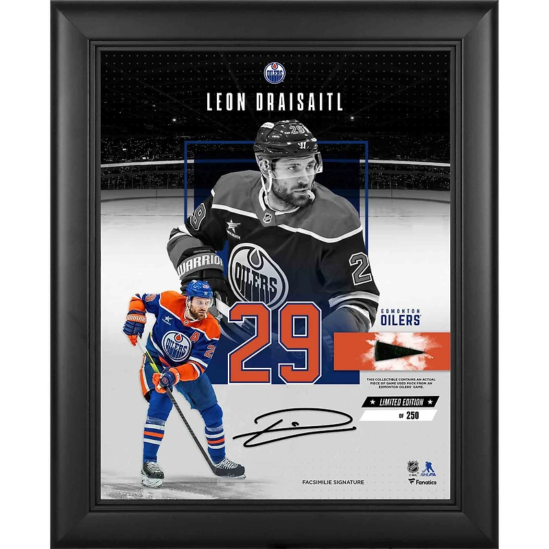 Collage encadré de 11 po x 14 po, reproduction de la signature des Oilers d'Edmonton de Leon Draisaitl, avec un morceau de rondelle utilisée lors du match - Édition limitée à 250 exemplaires