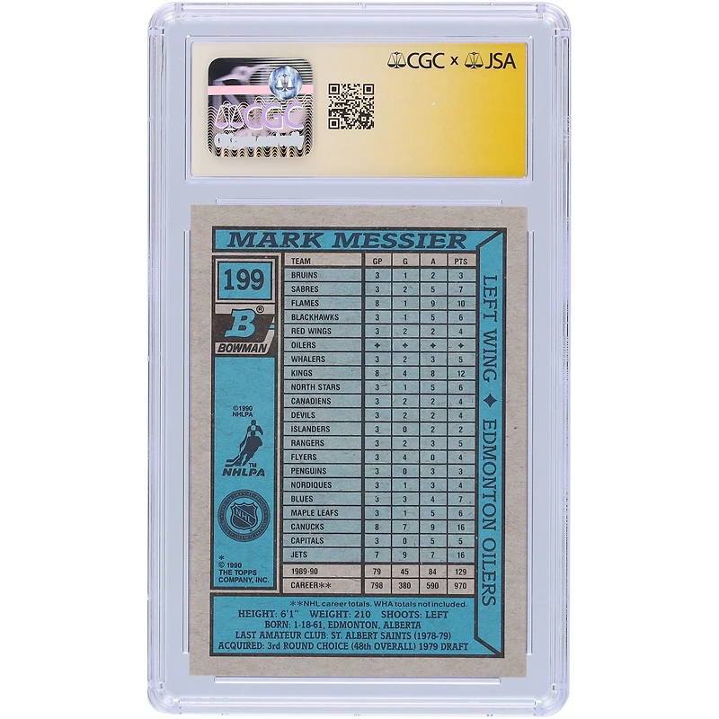 Mark Messier Edmonton Oilers Carte autographiée Bowman #199 1990-91 CGC Fanatics Witnessed Authenticated Auto 10 avec l'inscription "HOF 2007"